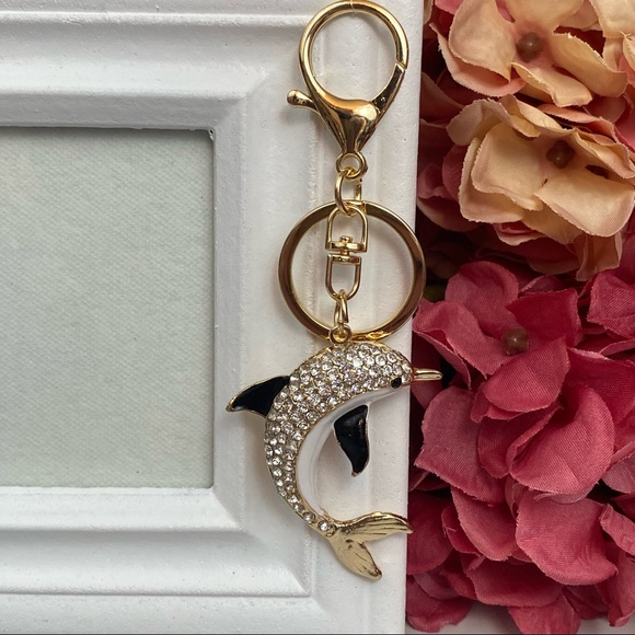Black White & Gold Crystal Dolphin Charm Keychain - Picture 7 of 16